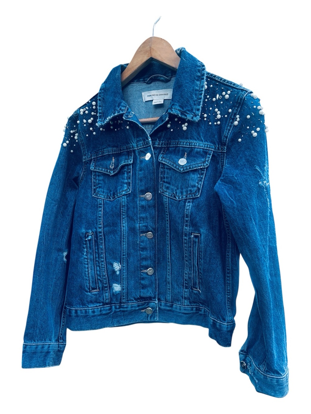 Pilcro and the Letterpress Pearl Embellished Distressed Denim Jacket Blue M